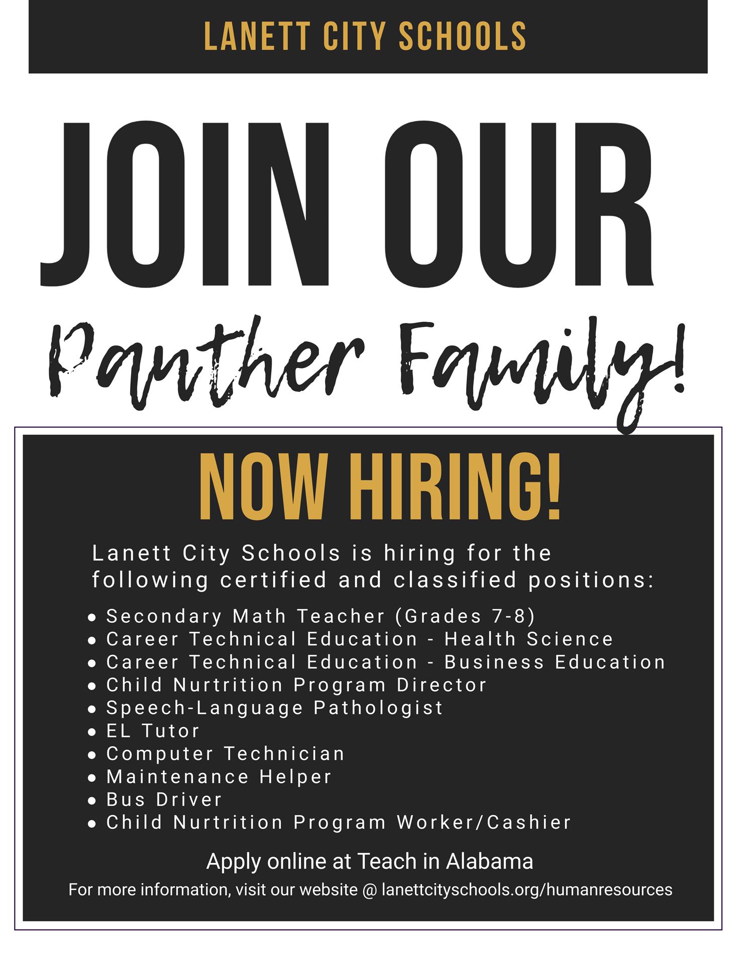 Join the Lanett Panther! Hiring Now Flyer. Click on the image for the PDF.