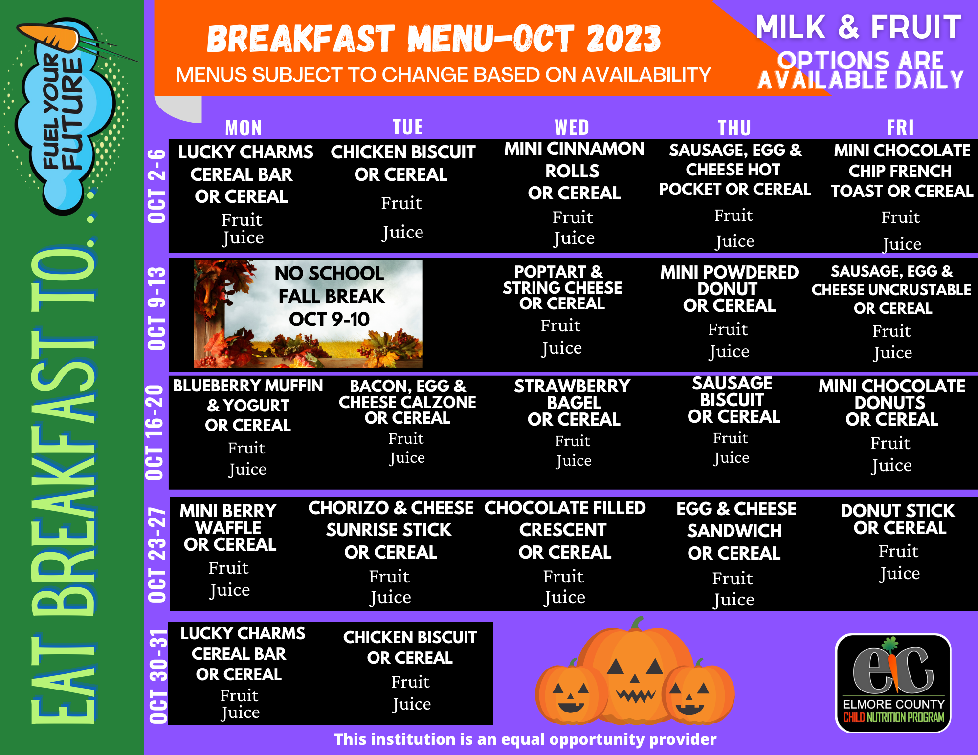 October 2023 Breakfast Menu