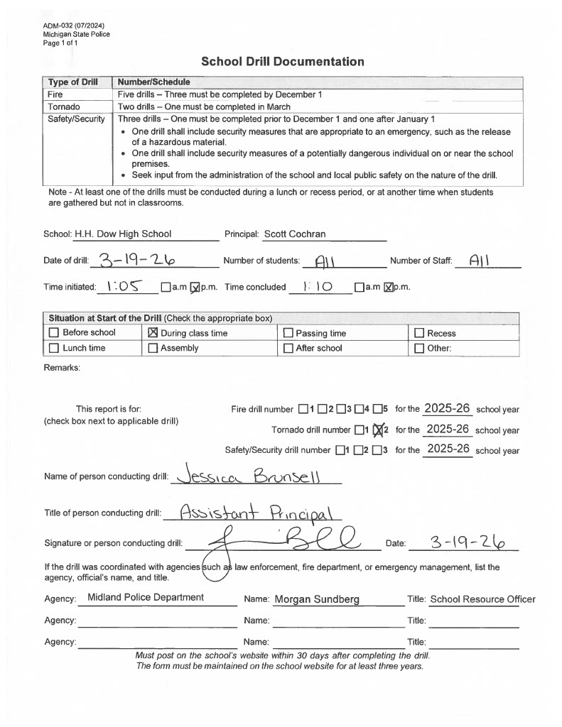 Form for Dow High School's second tornado drill of 2025-2026