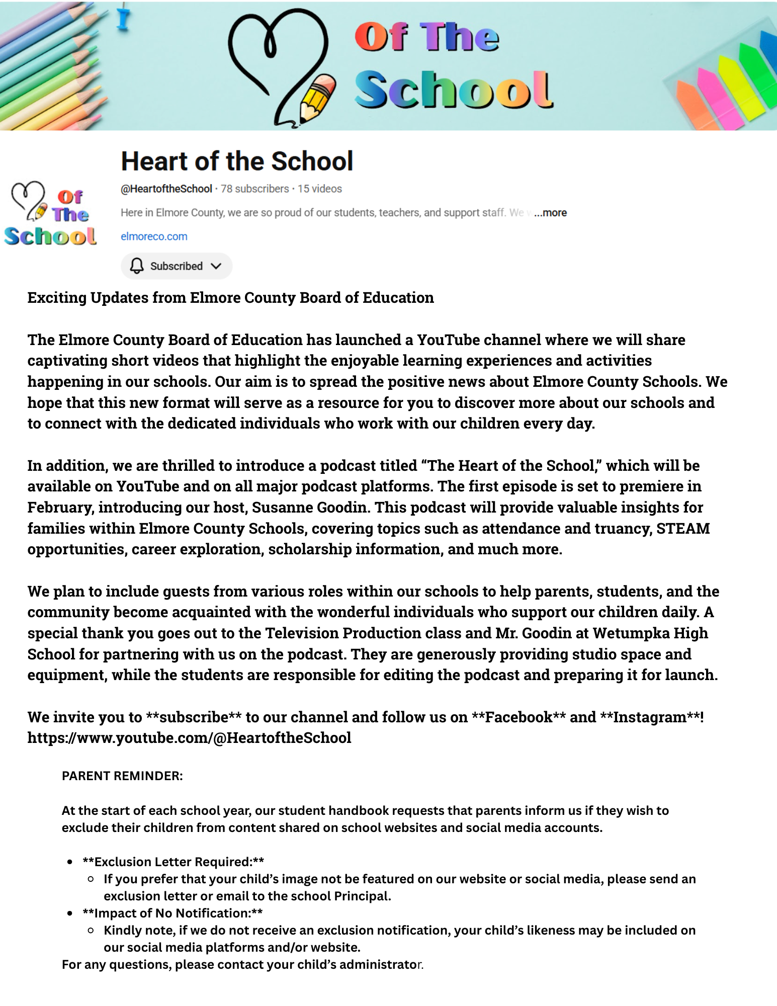 Heart of the School Announcement