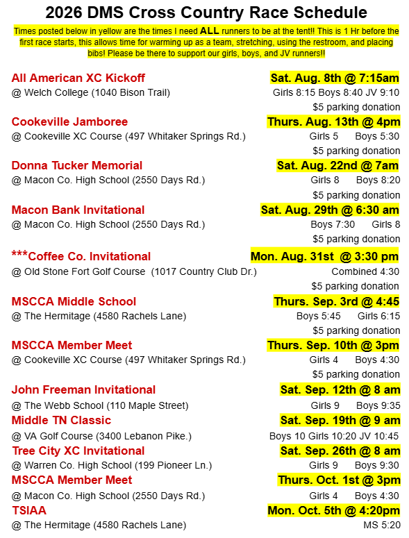 2026 DMS XC Schedule