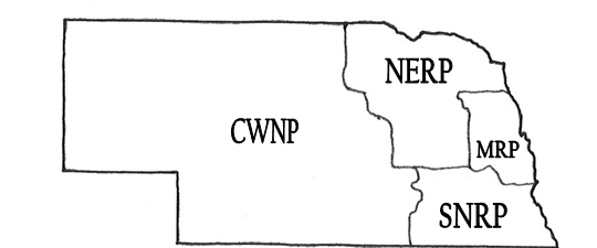 map of Nebraska divided into the four regional programs for students who are deaf or hard of hearing
