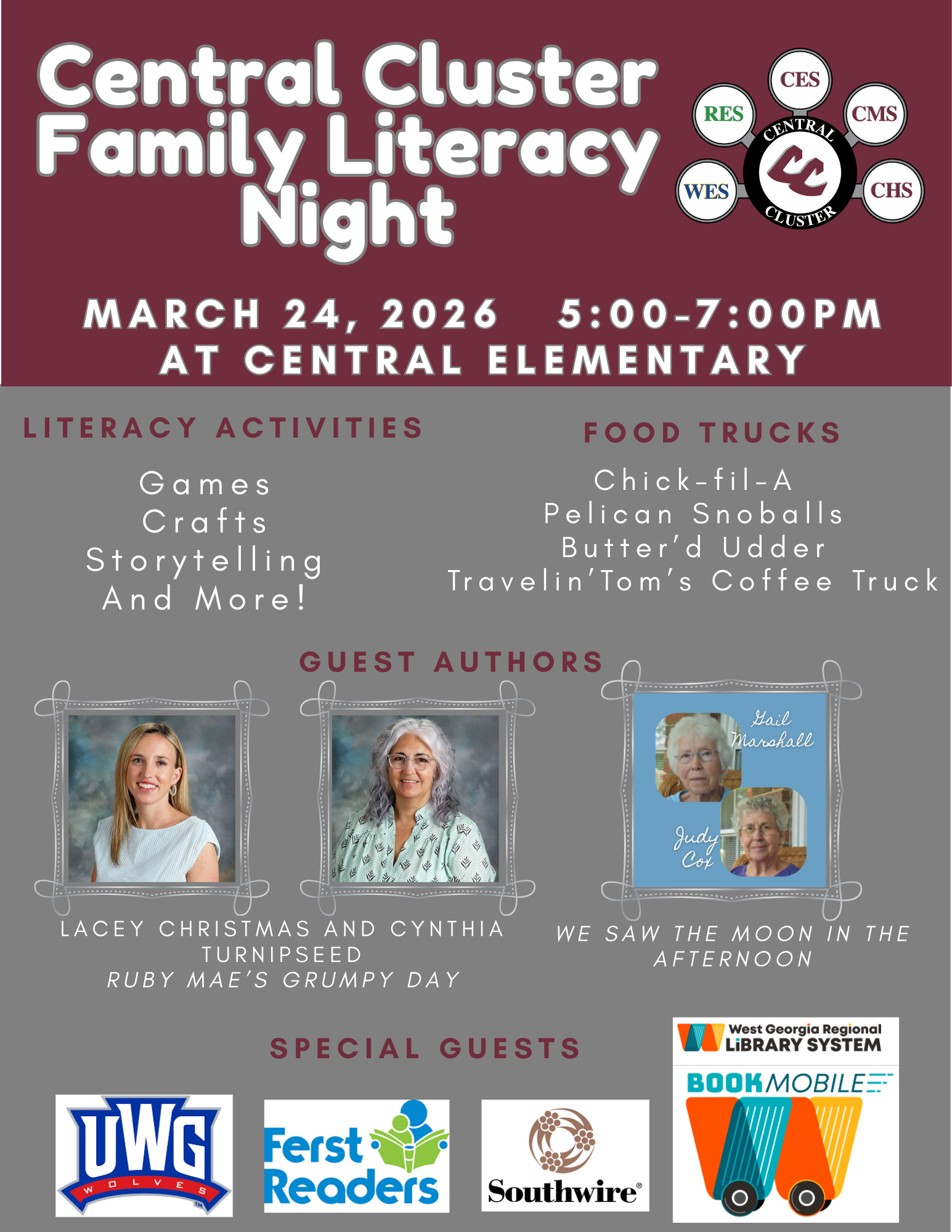 central cluster literacy night march 24, 2026 5-7 pm at central elementary.  there will be literacy activities, food trucks, guest authors,and special guests