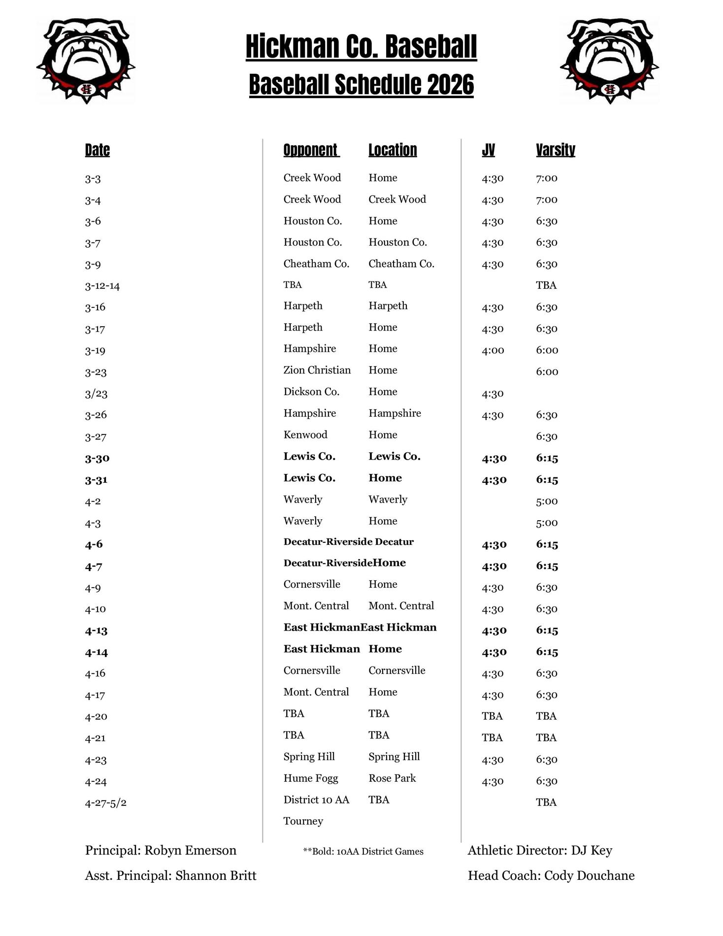 Baseball Schedule of games for the 2025-26 season