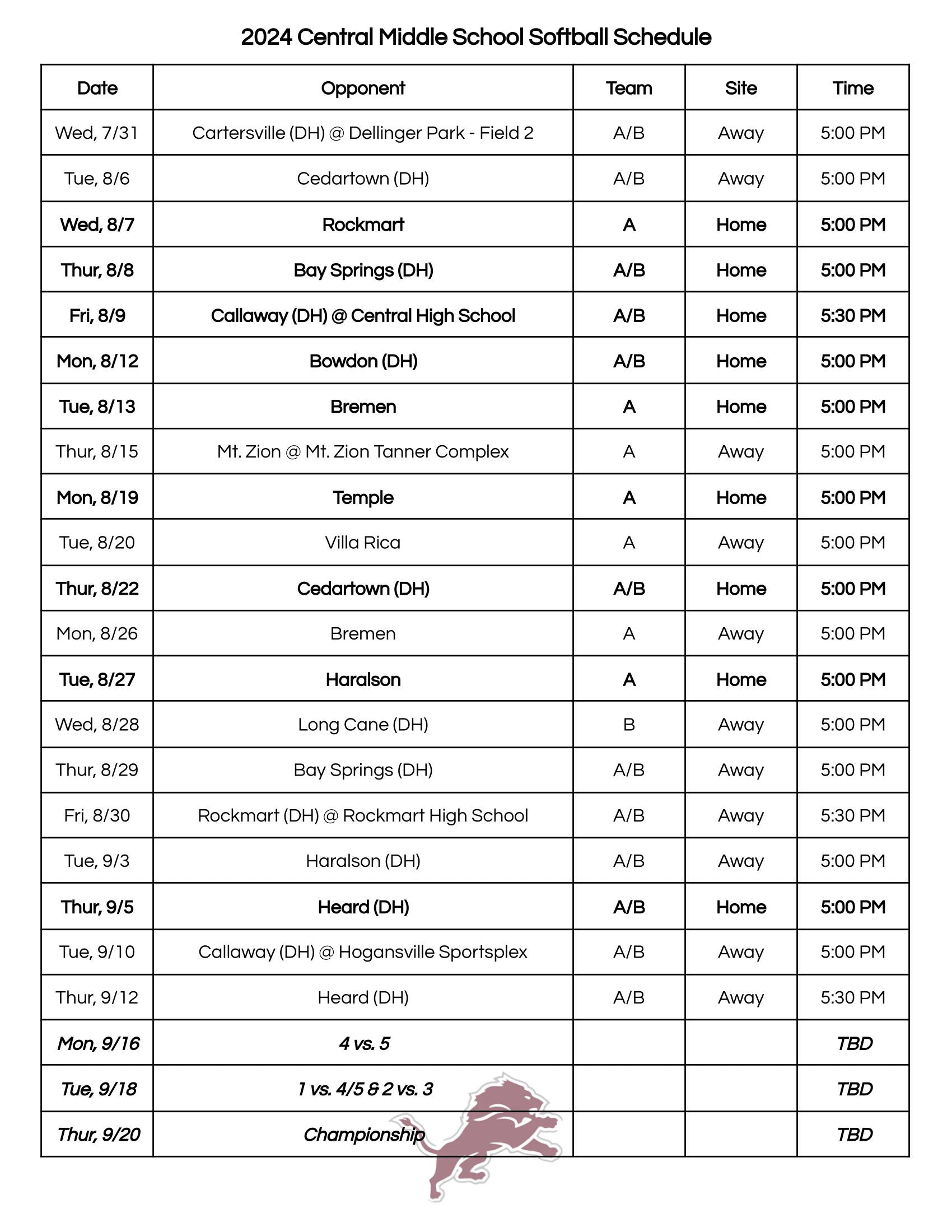 2024CMS softball schedule