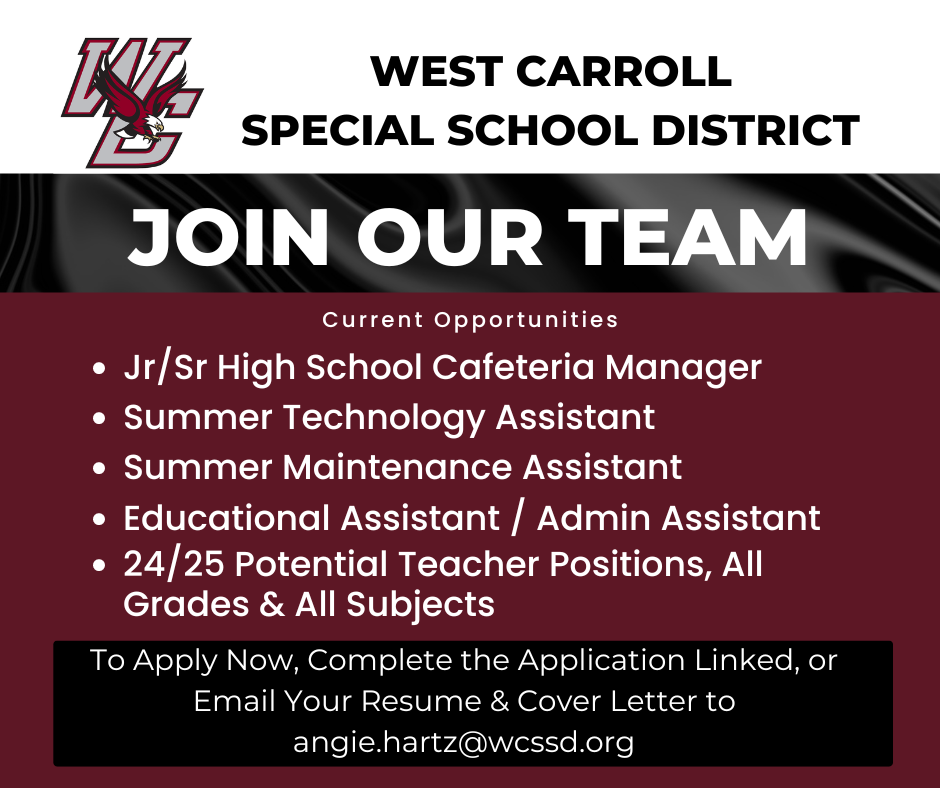 Join Our Team! New Career Opportunities Posted  Jr/Sr High School Cafeteria Manager Summer Technology Assistant Summer Maintenance Assistant Educational Assistant / Admin Assistant 24/25 Potential Teacher Positions, All Grades & All Subjects