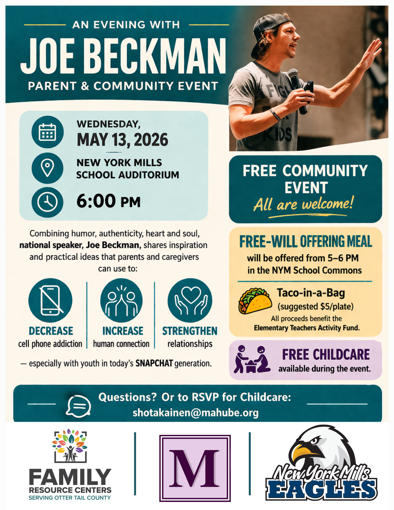 Joe Beckman coming to the school on May 13