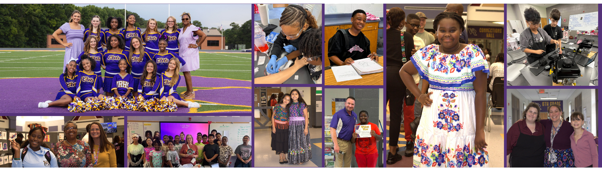 collage of students and teachers around the school