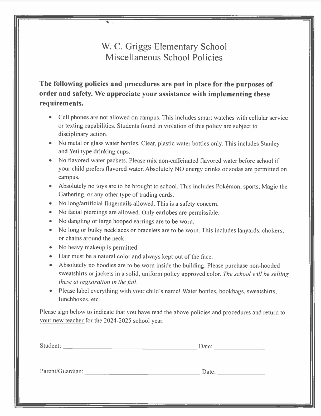 Misc. school policies for the 2024-2025 school year