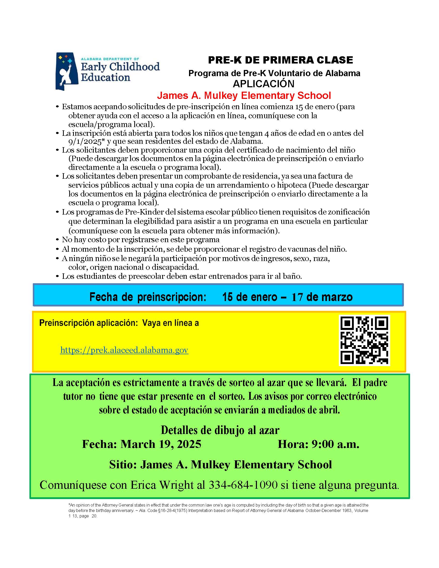 Pre-K Registration Flyer with Spanish words and QR code