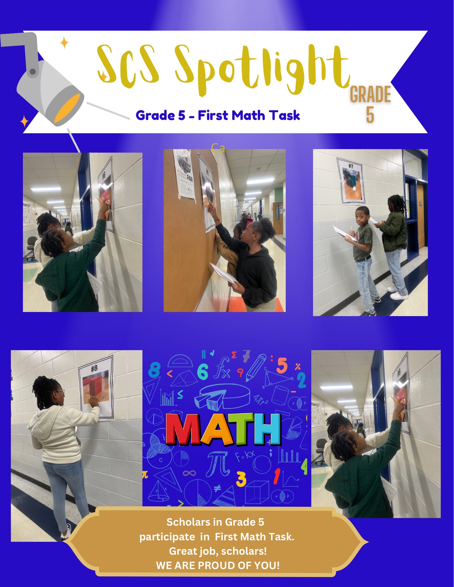 Spotlight collage of elementary scholars partipating in a math task