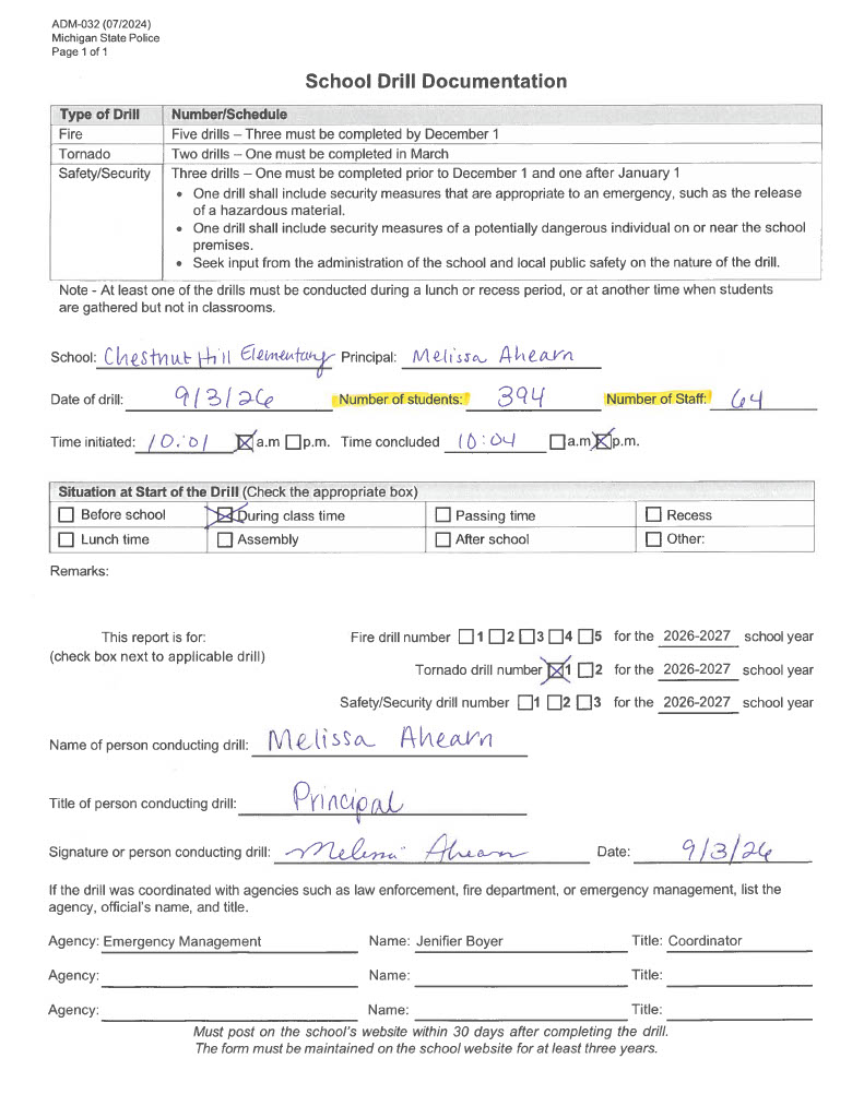 Chestnut Hill Elementary tornado drill form 2026-2027