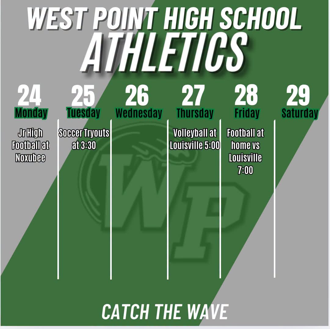 West Point High School Athletics weekly schedule for August 24 through 28 featuring junior high football, soccer tryouts, volleyball, and varsity football.