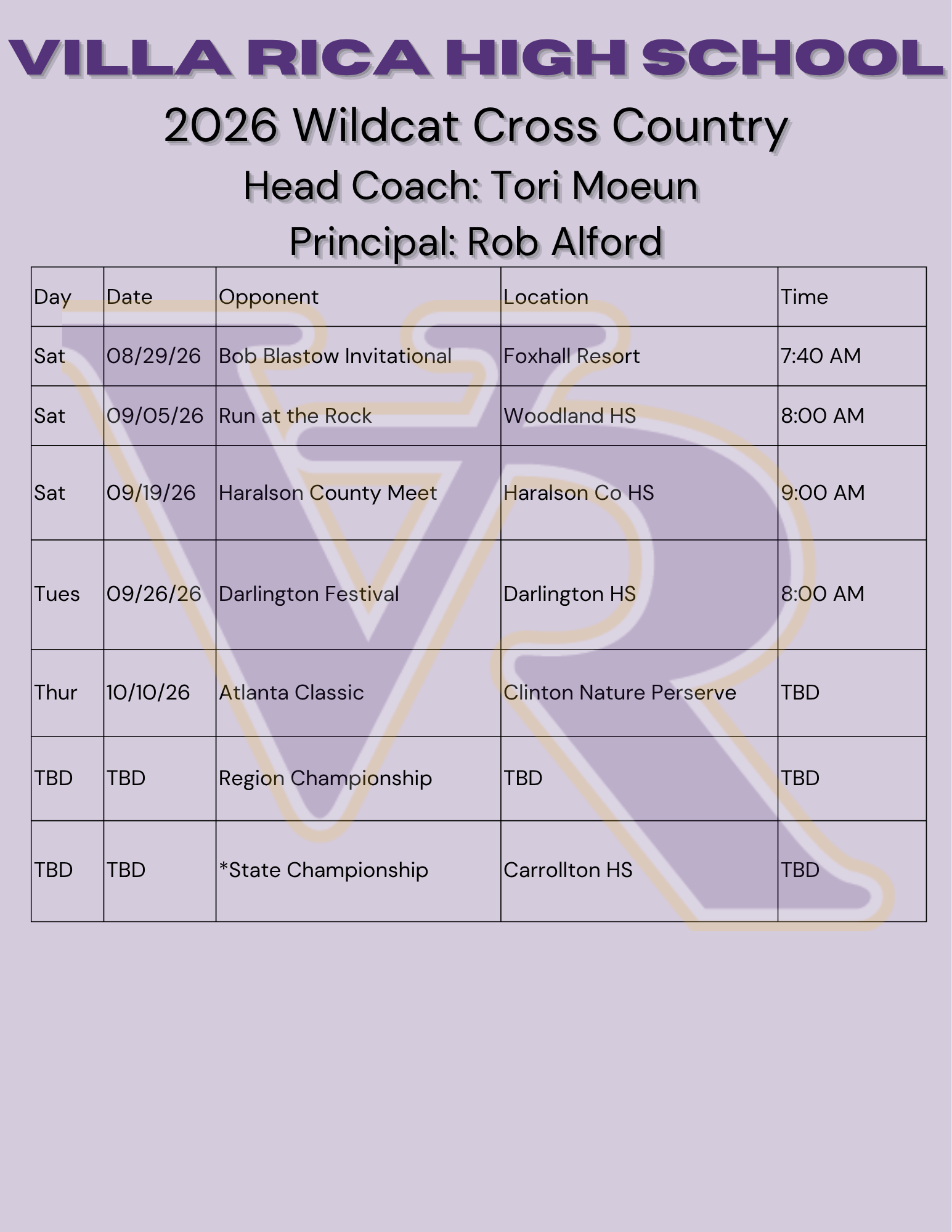 2026 Cross Country Schedule