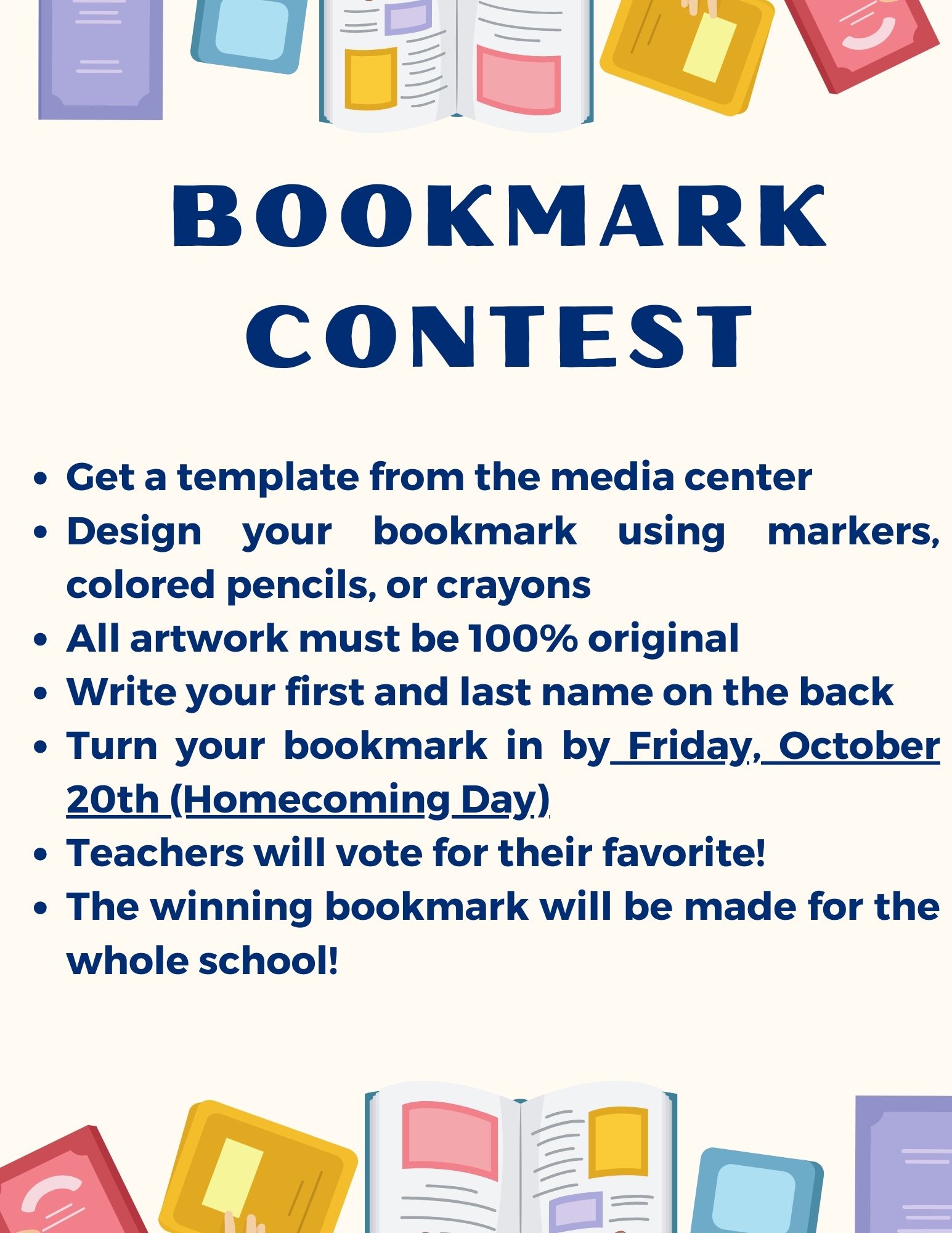 bookmark contest.  see mrs. kinard for details