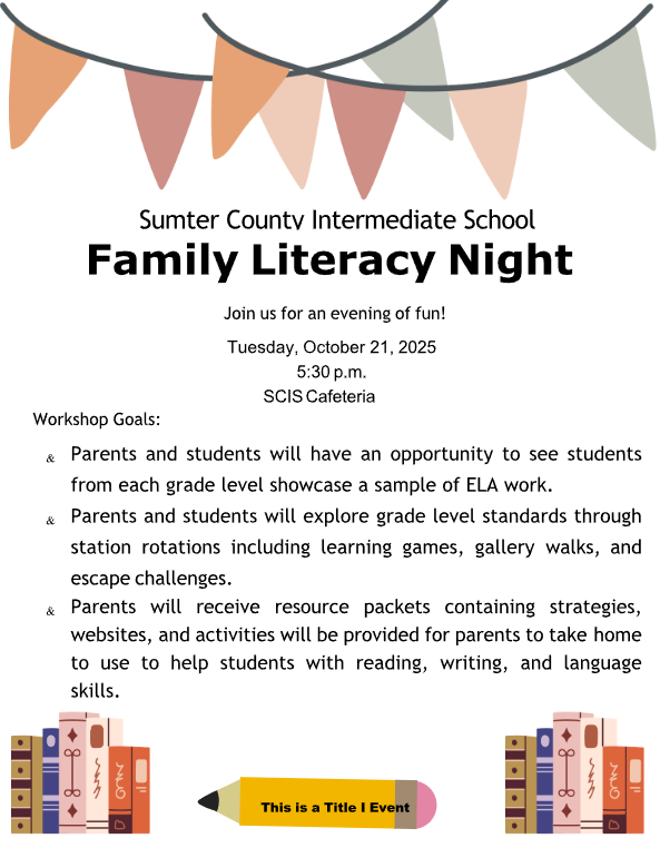 Family Literacy Night Flyer Oct. 21 at 5:30