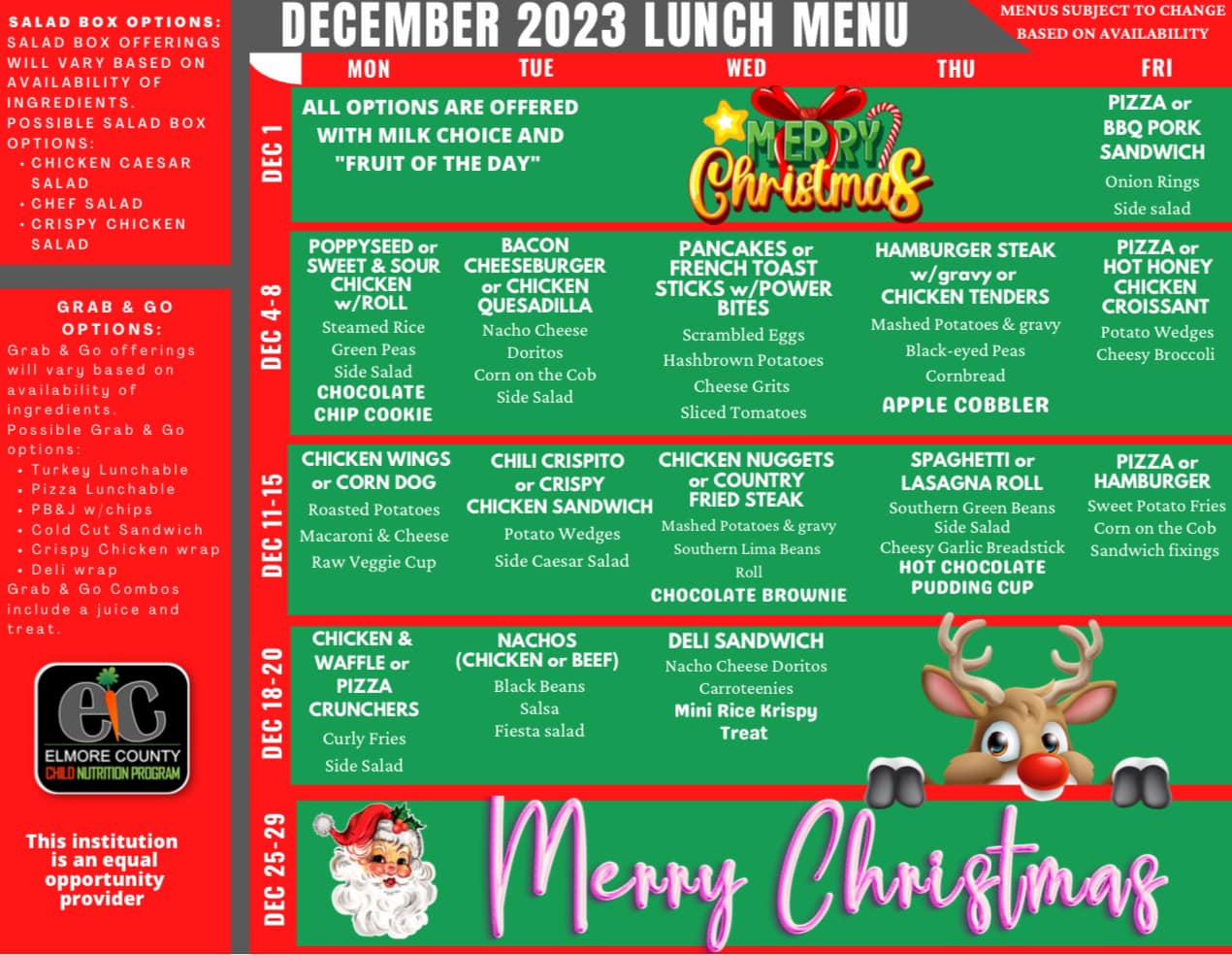 December 2023 lunch menu