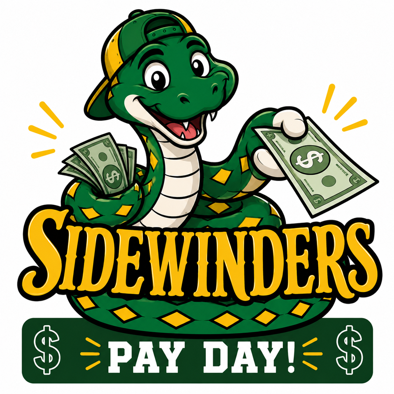 A cartoon sidewinder passing out money, Pay Day!