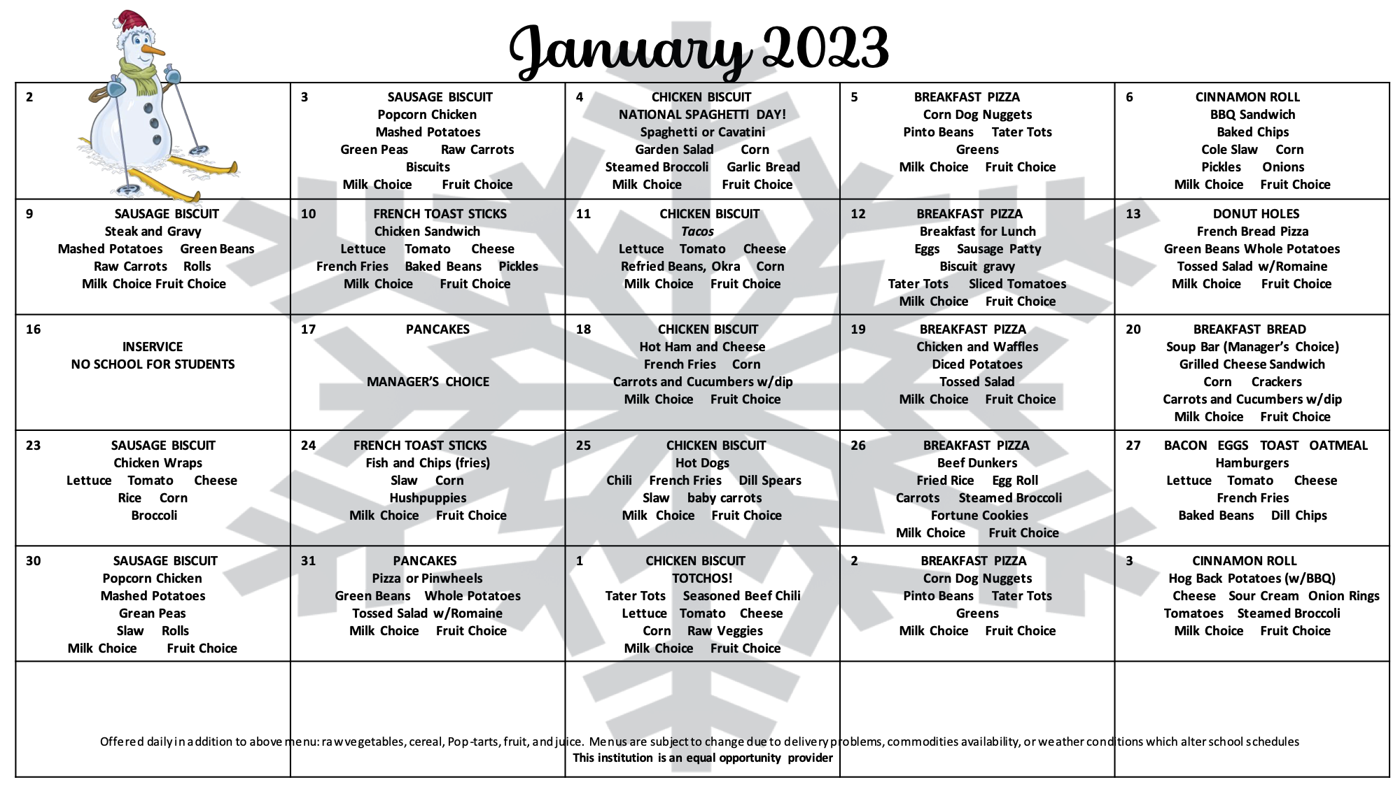 January Lunch Menu January Lunch Menu