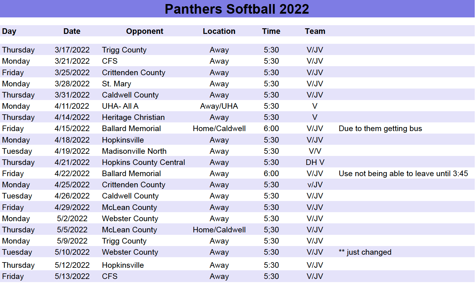 Softball Schedule 2022