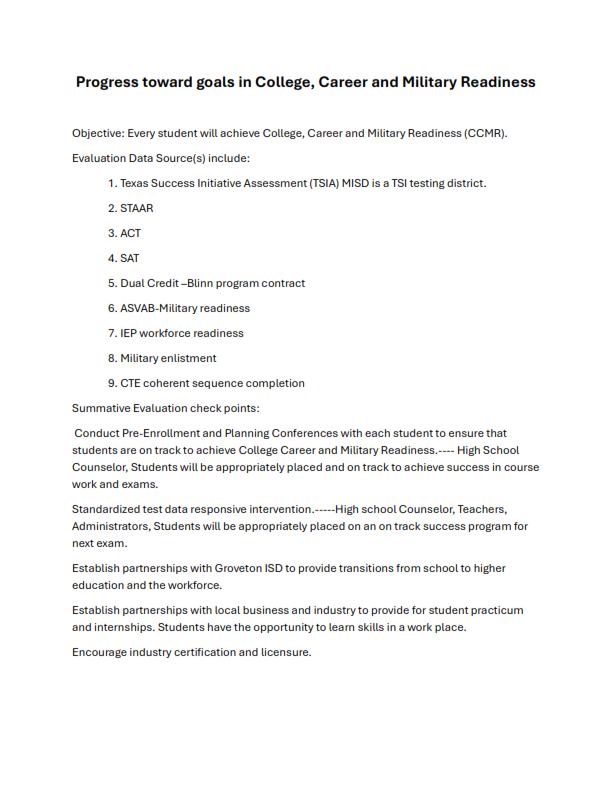 Progress towards goal in CCMR