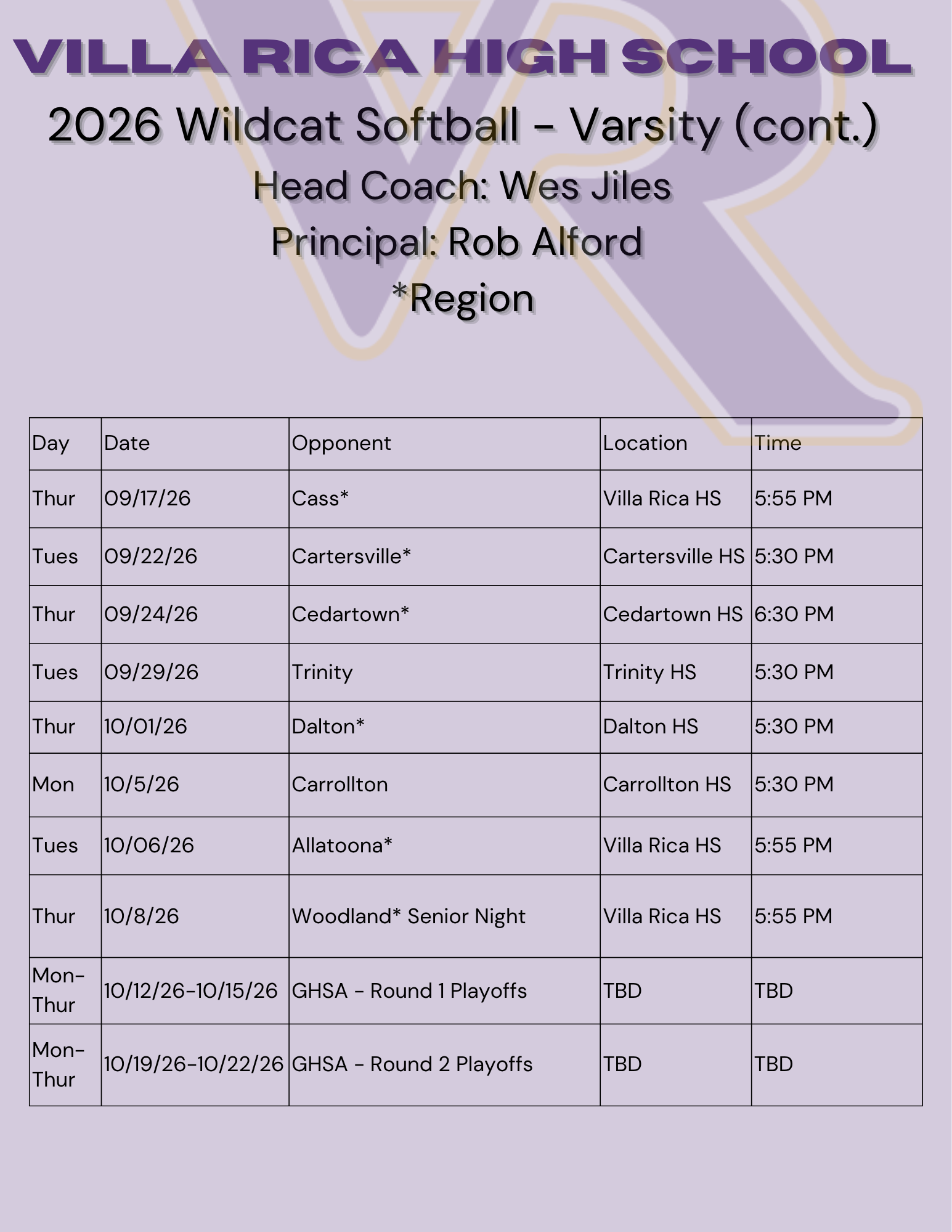 2026 Varsity Softball Schedule