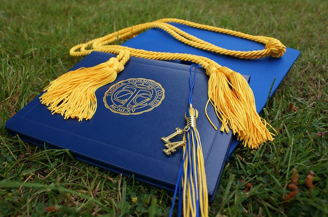 a graduation cap, stole, tassle, and diploma cover lying in the grass