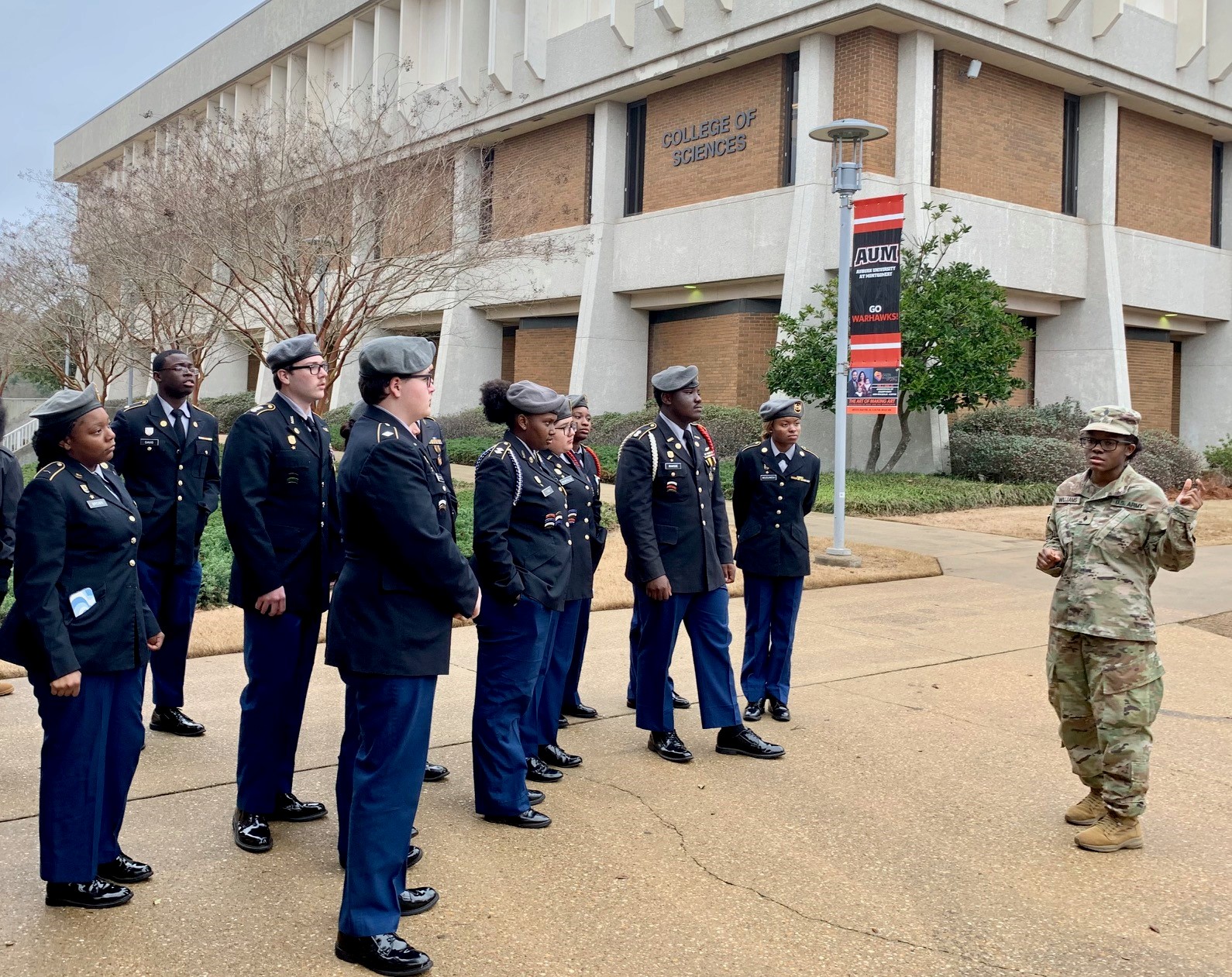 Murphy and Blount JROTC cadets pose for a photo after receiving a tour of AUM campus by the ROTC Mustang Battalion Executive Officer Cadet Williams in Montgomery, Alabama.