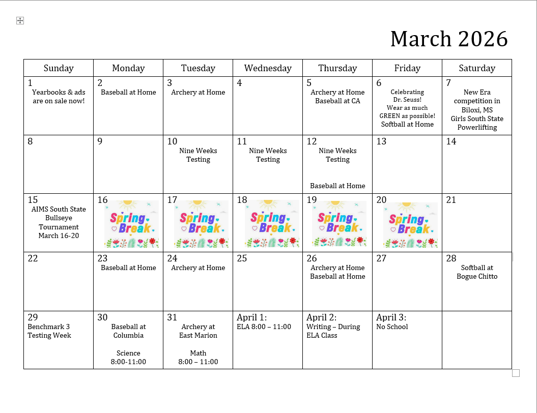 March Calendar of Events