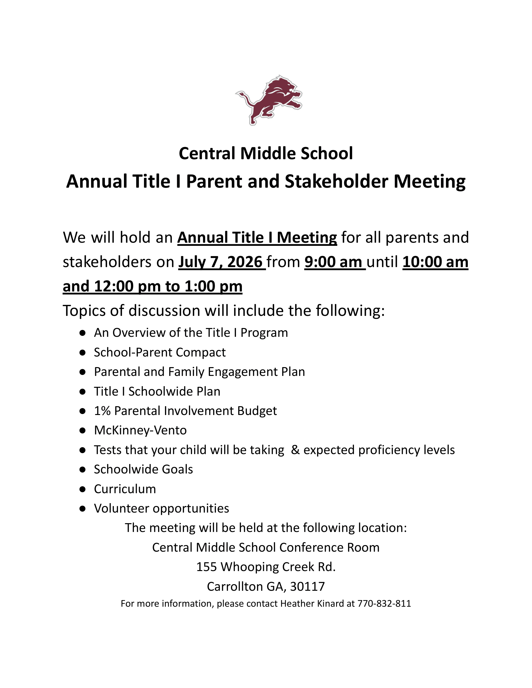 title I input meeting April 27, 2026 from 9;30-10:30am and 12:00pm-1:00pm in the media center at CMS