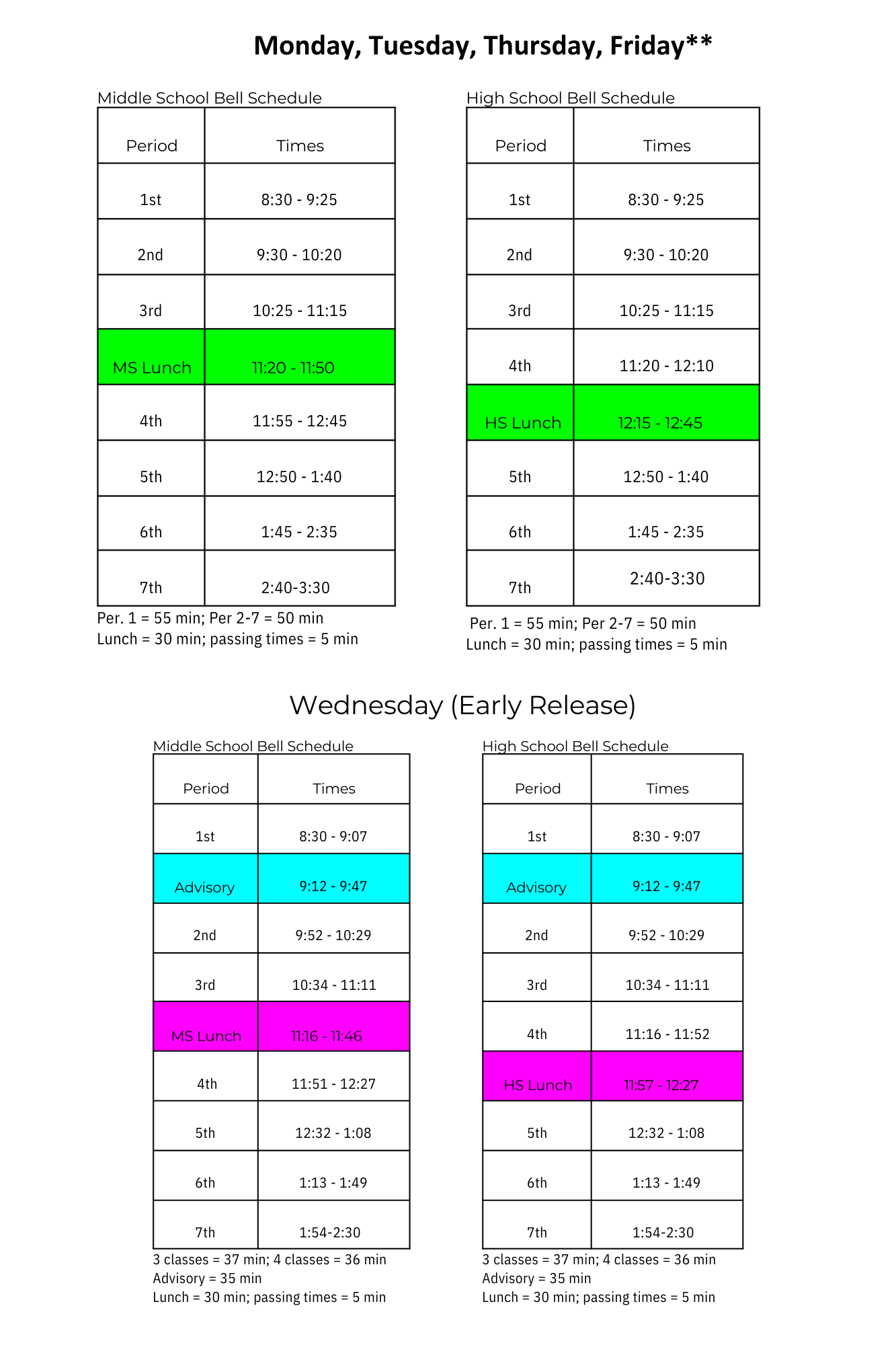  Bell Schedule (click here) 