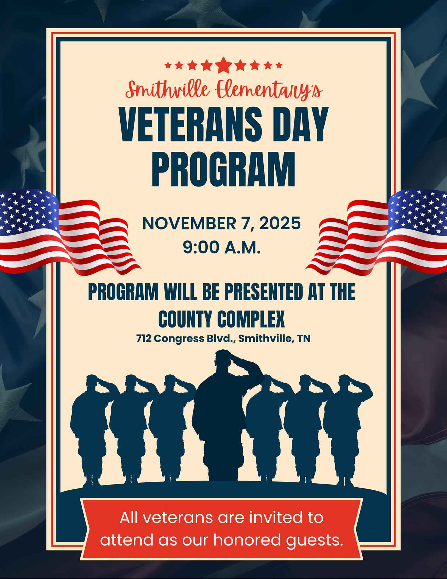 Veterans Day program will be Friday, November 7 at the county complex at 9 a.m.