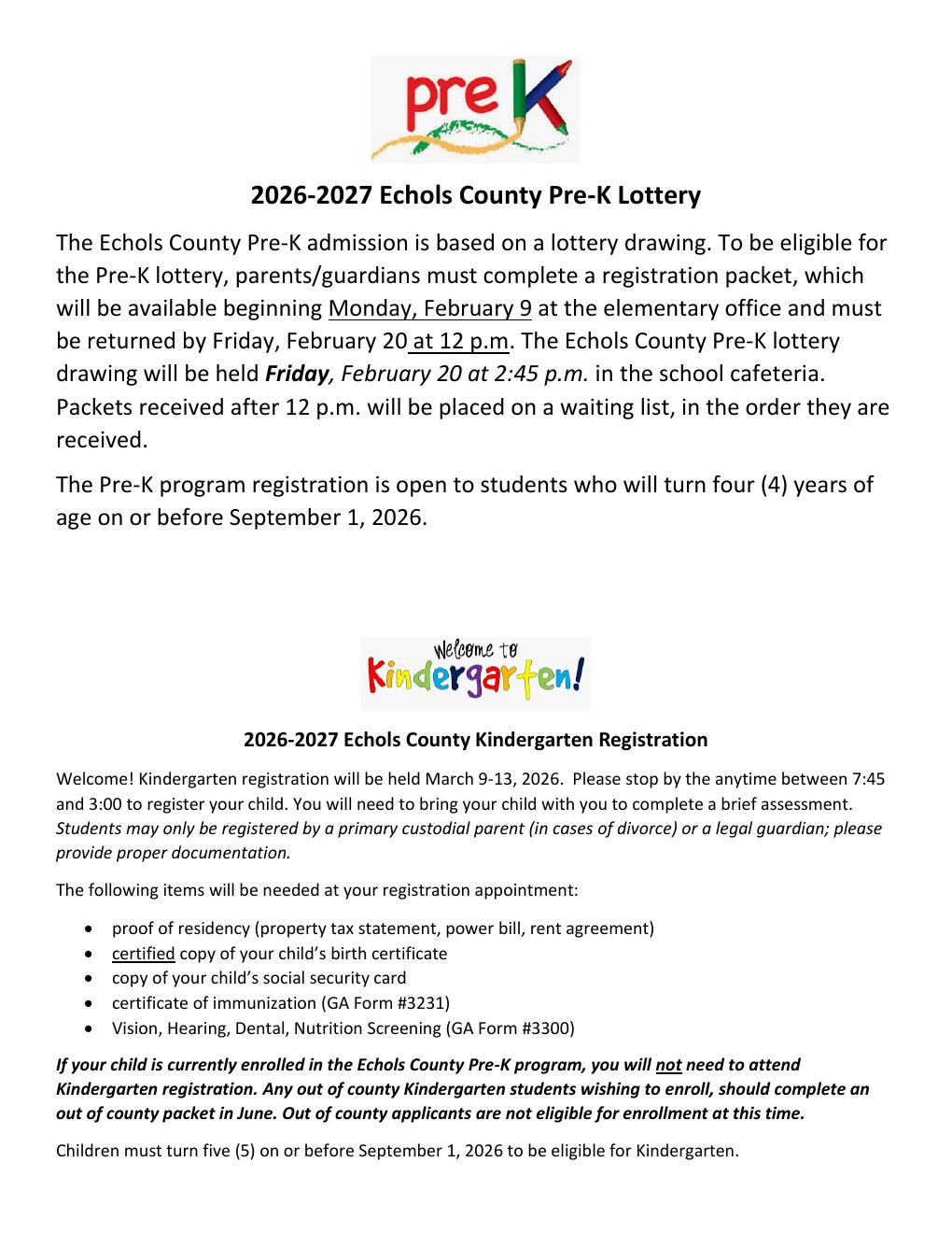 Pre-K Lottery and Kindergarten Registration Flyer