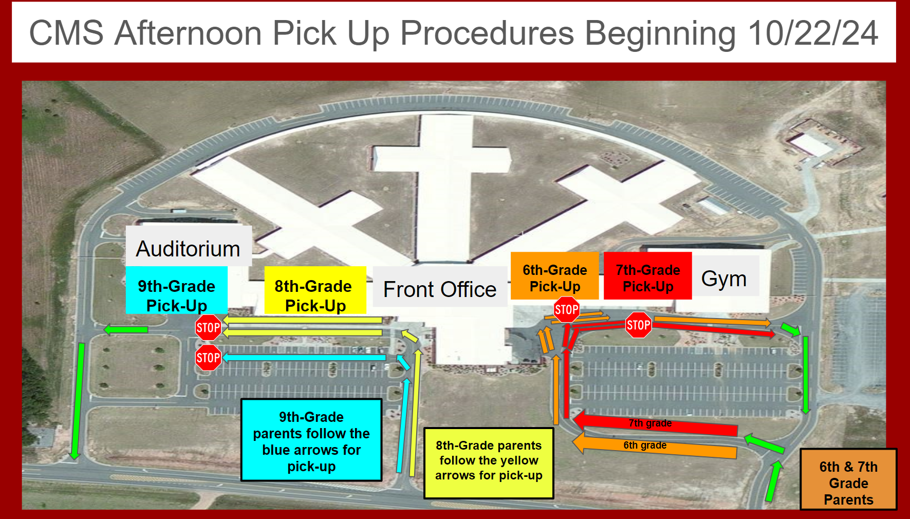 Inage is an arial picture of the Coffee Middle School campus showing the CMS afternoon pick up procedures beginning October 22, 2024.  Copy reads as follows from top left to bottom right: Auditorium, 9th grade pick-up, 8th grade pick-up, front office, 6th grade pick-up, 7th grade pick-up, gym,9th grade parents follow the blue arrows for pick-up, 8th grade parents follow the yellow arrow for pick-up, 6th and 7th grade parents. 