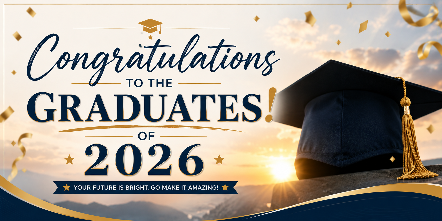  Wide web banner celebrating the Class of 2026 graduates. The design features elegant navy blue and gold typography reading “Congratulations to the Graduates of 2026” against a warm sunrise sky. A large graduation cap with a gold tassel appears on the right side, while gold confetti and ribbons float across the banner. Decorative gold accents frame the composition, and a blue ribbon at the bottom displays the message, “Your future is bright. Go make it amazing!” The overall design conveys achievement, pride, and optimism for graduating students.