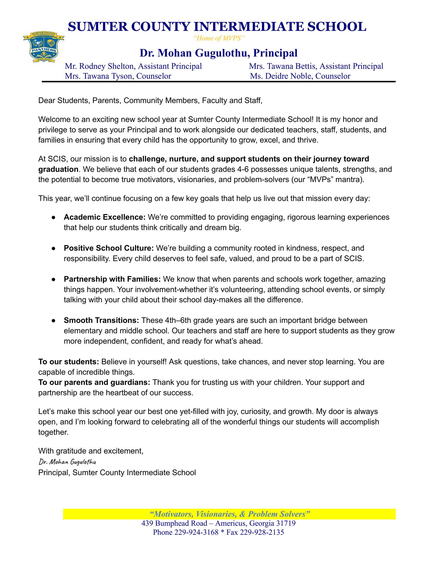 Principal's letter to the community