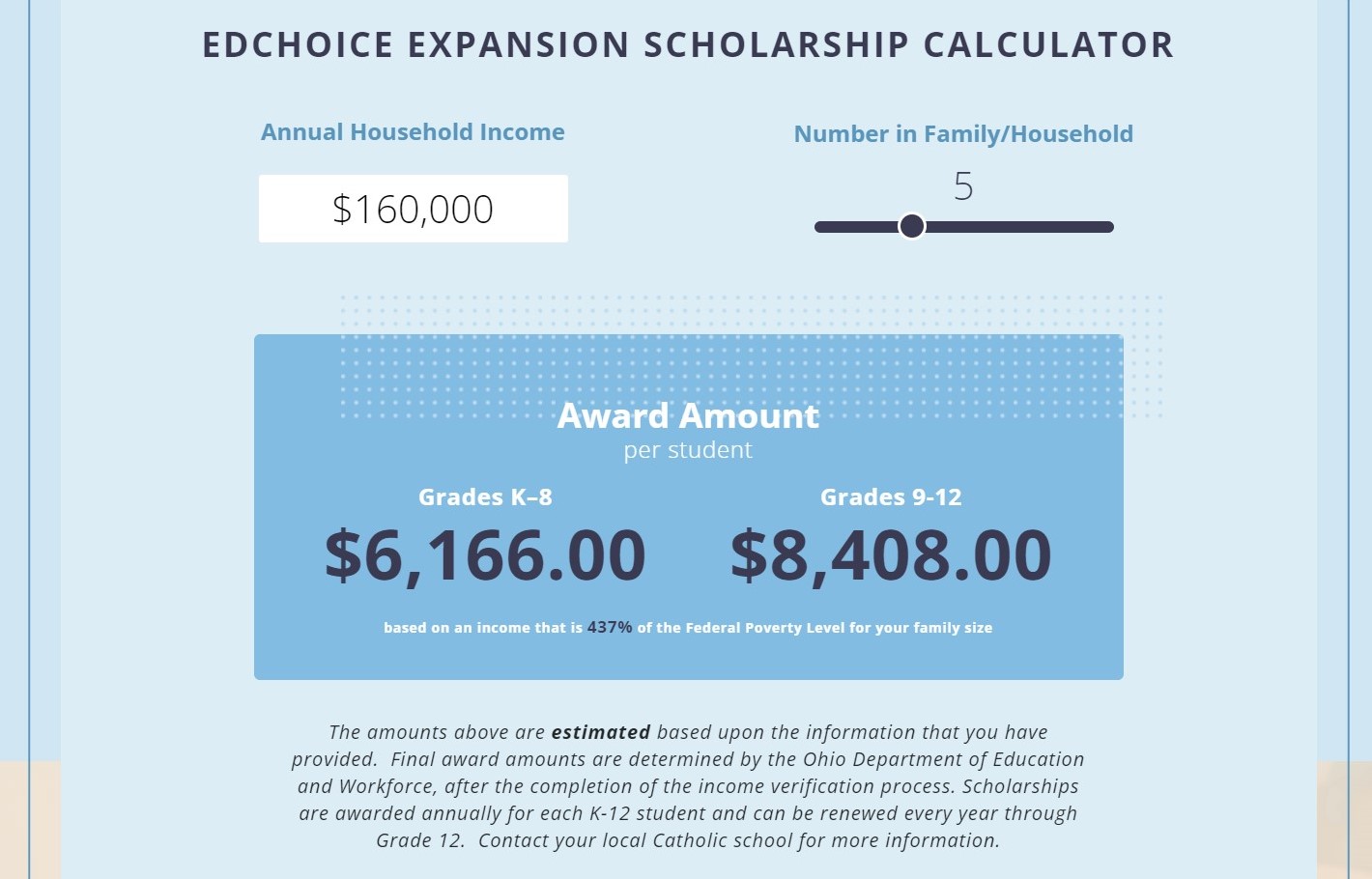 screenshot of scholarship calculator with space for annual income and number in family