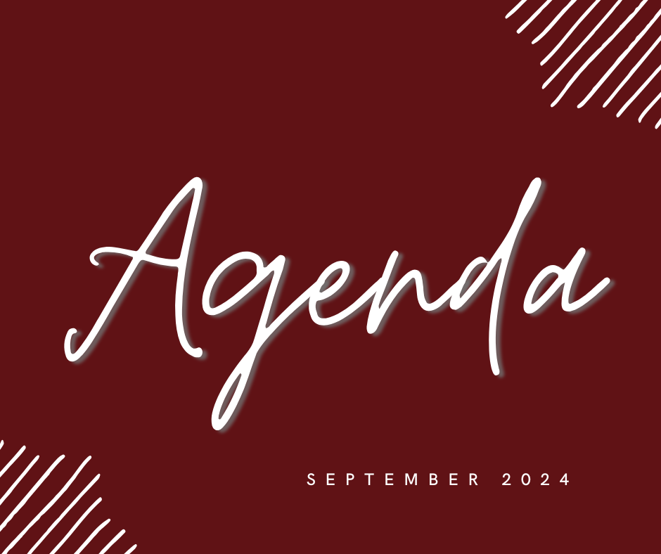 Marron box with white text stating "agenda" and "September 2024." 