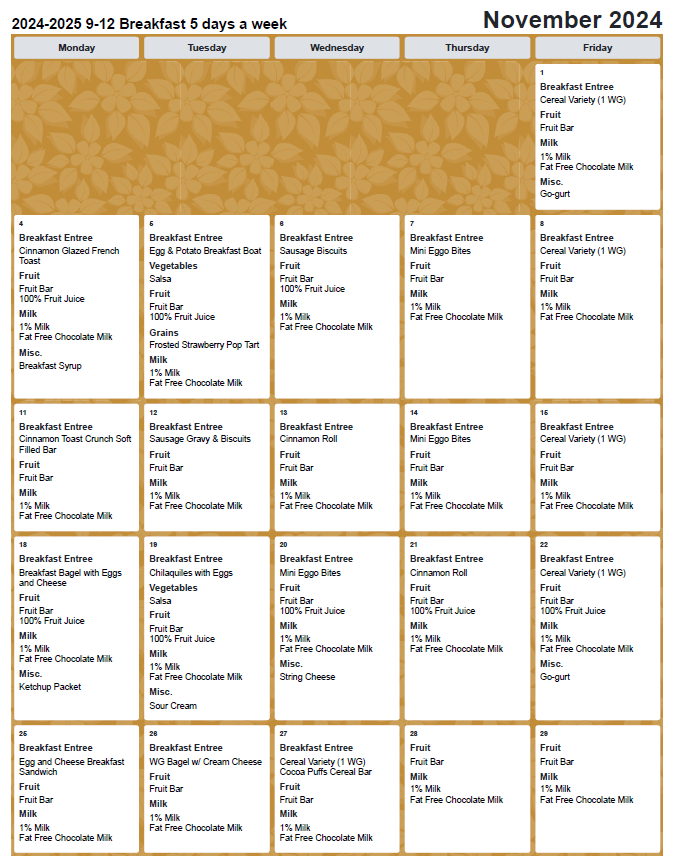 NOV breakfast menu