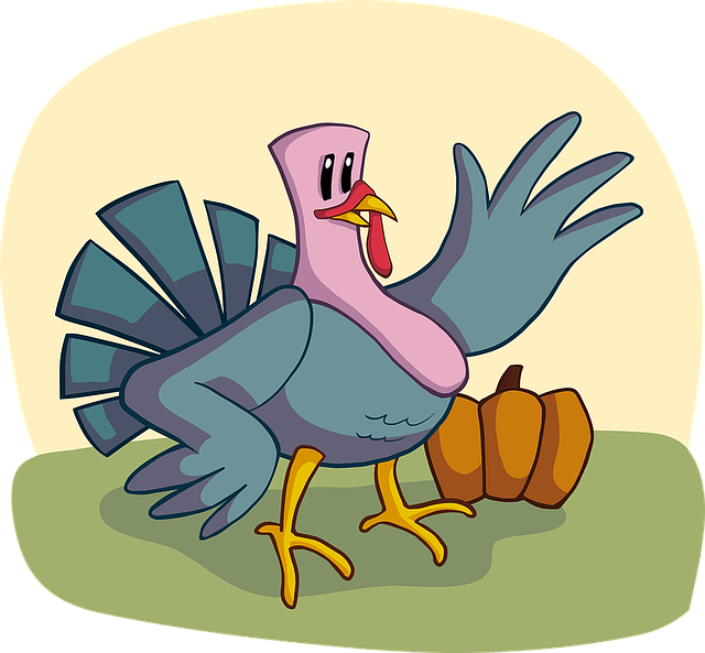 cartoon of a turkey waving with a pumpkin in the background