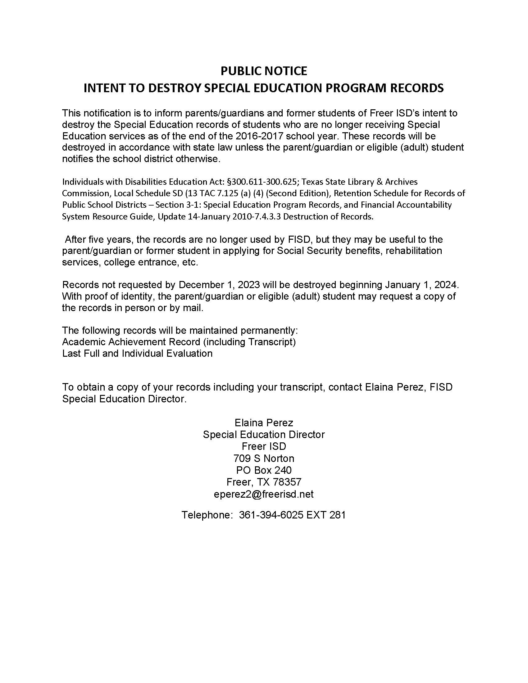 Public Notice - Intent to Destroy Special Education Program Records