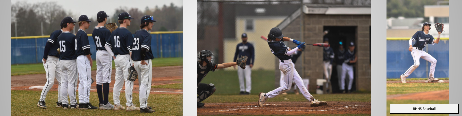 Baseball members catching, hitting and getting ready to play