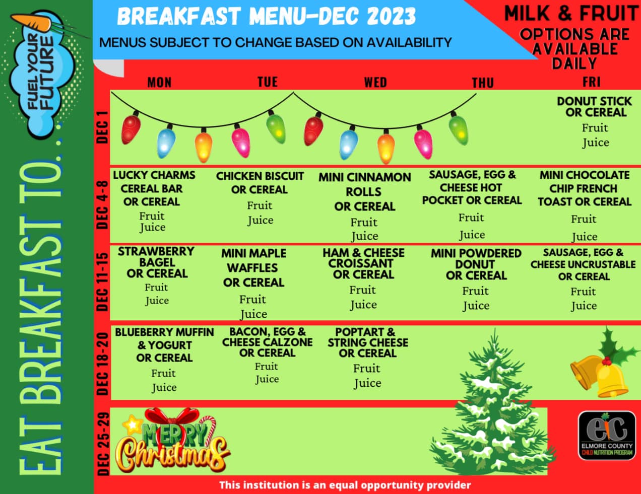 December 2023 breakfast menu