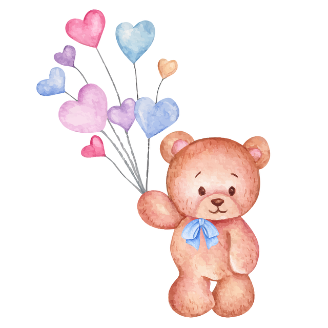 Bear holding heart balloons