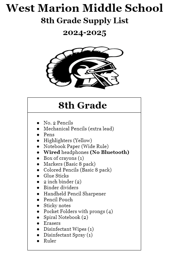 8th grade supply list