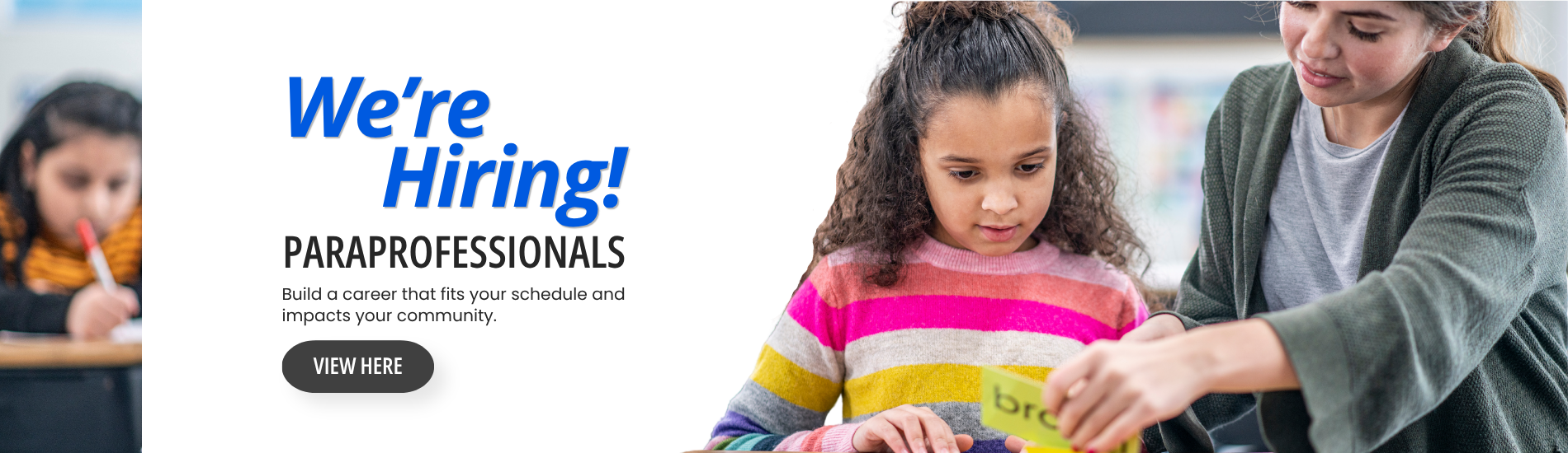 We're hiring paraprofessionals graphic showing student and parapro.