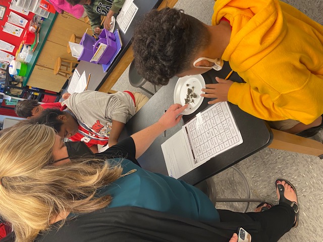 Mrs. Barcenas examines a pellet.