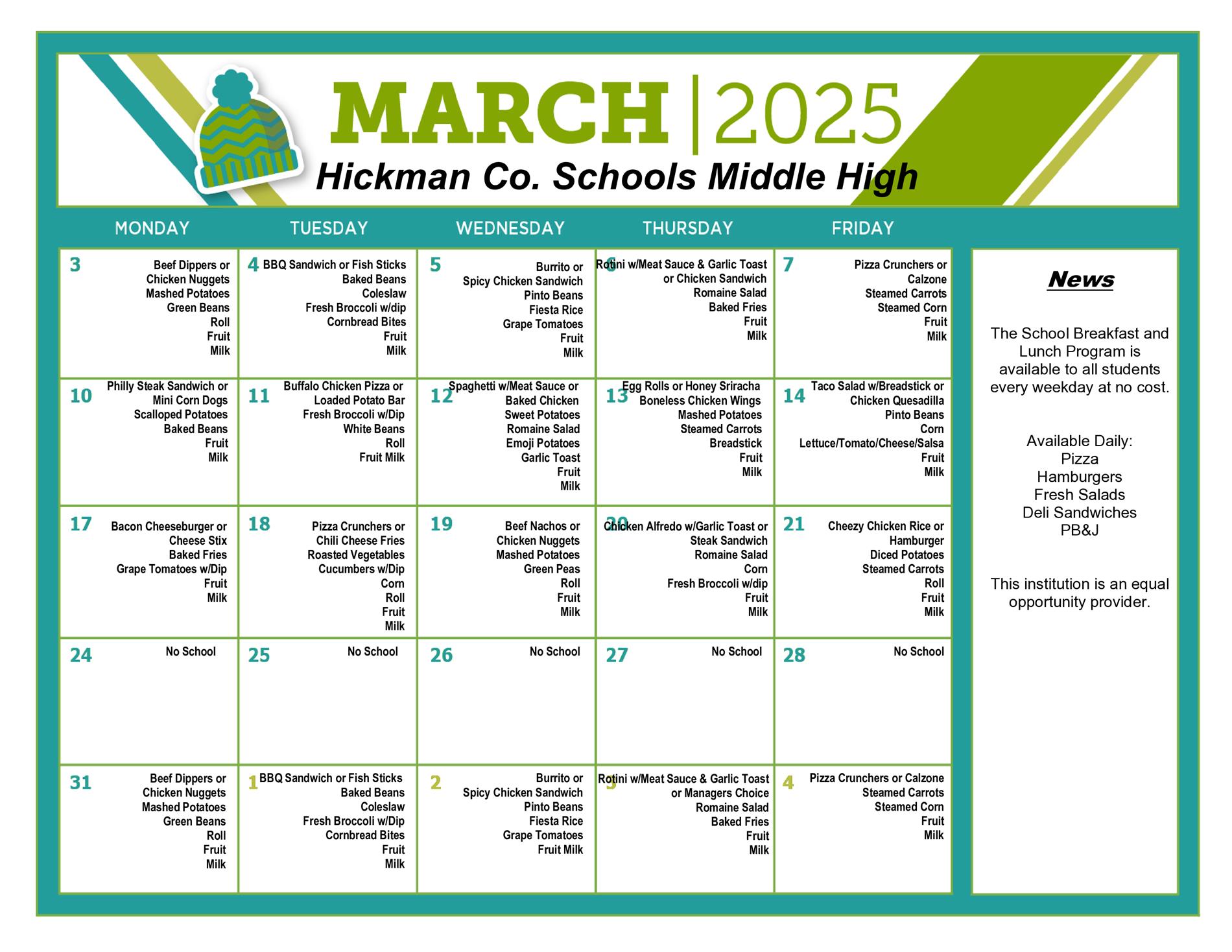 Lunch menus for the middle and high schools