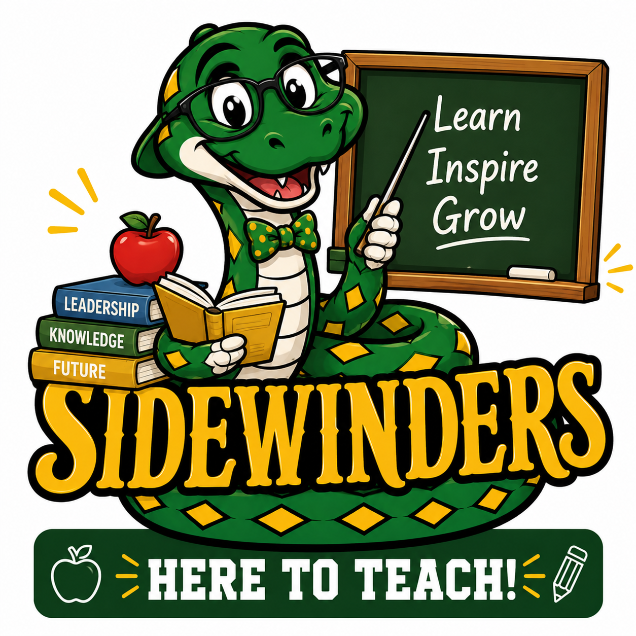 A cartoon sidewinder teaching, Here to Teach