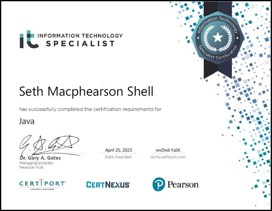 Seth Macphearson Shell's ITS Java Certification